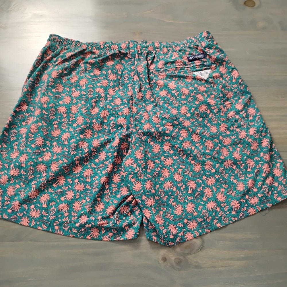 Columbia PFG Swim Trunks Mens XL Green Pink Palms AOP Elastic Waist Lined Tie 8" - Picture 10 of 10